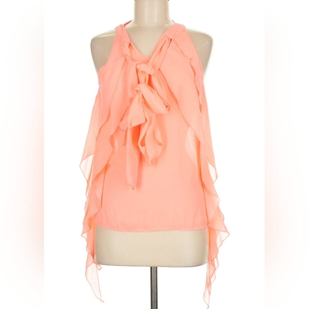 Day & Night Bright Orange Chiffon Ruffle Top Sleeveless Tie Neck Size M NWOT